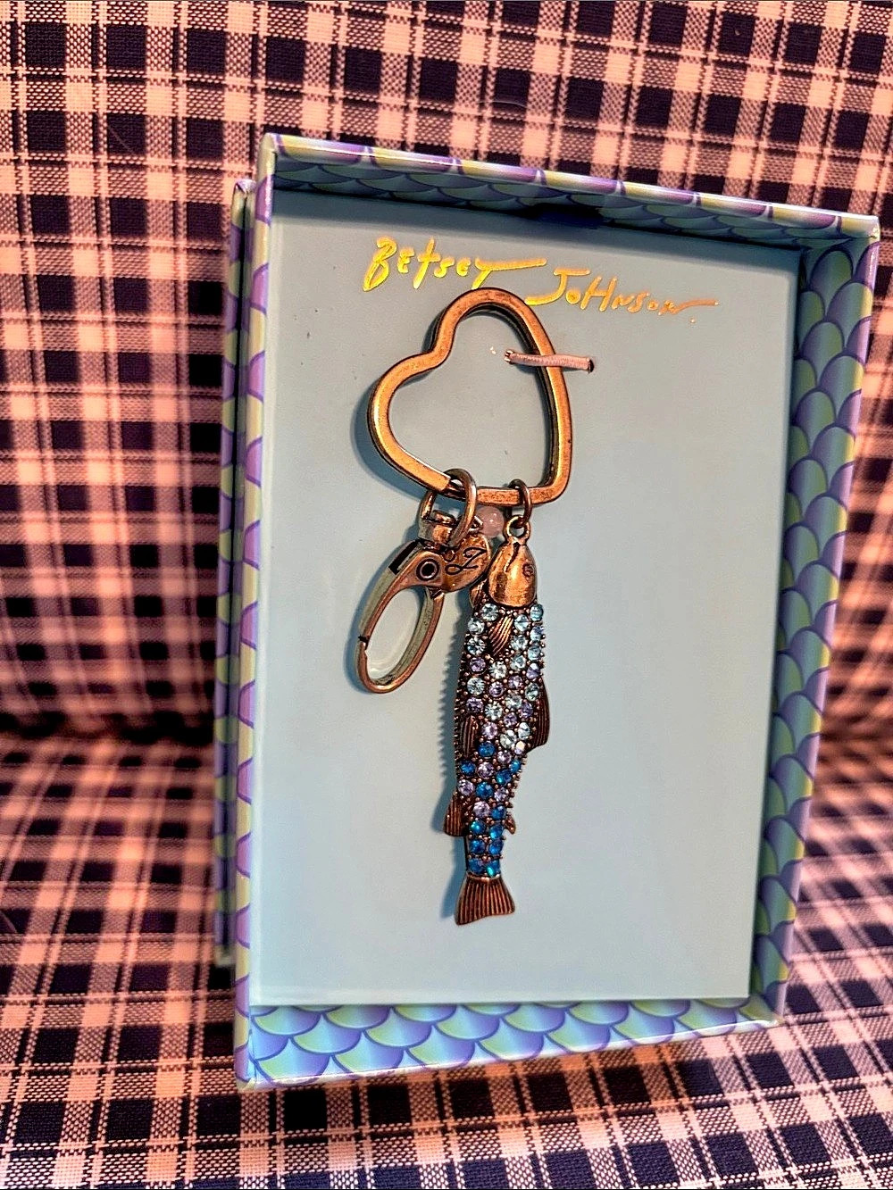 Betsey Johnson Crystal Fish Key Fob / Sardine Bag Charm Blue & Brown